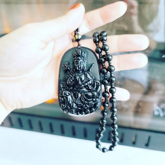 Black Obsidian Goddess of Mercy image carving necklace