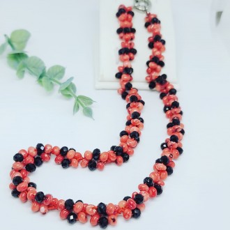 Pink Natural Coral and Black Czech glass necklace 