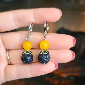 Lava Stone and Yellow Jade Earrings