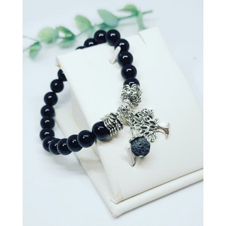 Black Agate beaded bracelet with Tree of Life Charm 8 mm