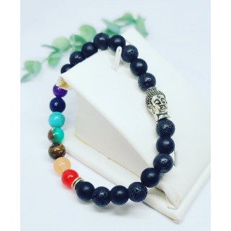 Lava Stone, Black Agate, 7 chakra crystals Buddha charm Unisex bracelet