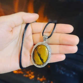 Tiger Eye Oval silver color plated Brass pendant with a black cord