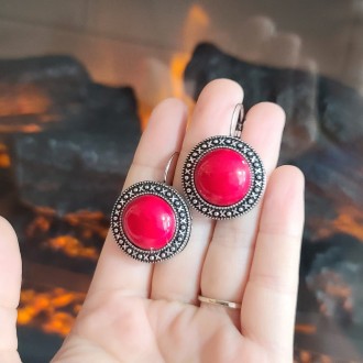 Coral (pressed) round antique style silver color plated Brass earrings