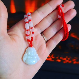 White Jade Laughing Buddha red cord Unisex necklace