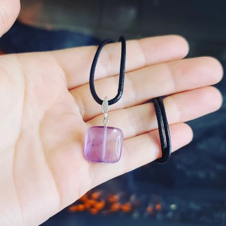 Amethyst square Pendant with a black cord