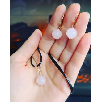 Rose Quartz beaded earrings and pendant set with a black cord
