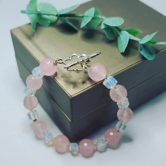 Faceted Rose Quartz, Sea Opal flower clasp bracelet