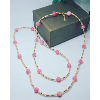 Strawberry Quartz, Golden Hematite,Czech Glass long necklace