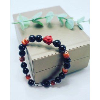Black Lace Agate, Red Coral, Buddha clasp bracelet