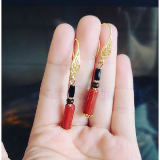 Red Agate, Czech Glass golden tone earrings