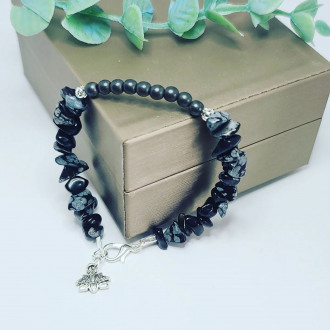 Snowflake Obsidian, Matte Hematite Lotus charm bracelet