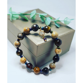 Tiger Eye, Picture Jasper, seed beads, golden Charm bracelet 10 mm