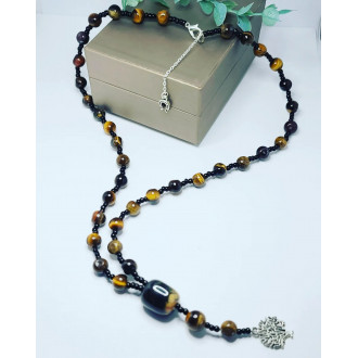 Tiger Eye, Black seed Beads, Tree of Life and Horseshoe charm Unisex necklace