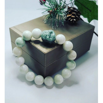 White Jade Unisex bracelet 12 mm with Burma Jade Laughing Buddha charm