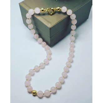 Rose Quartz beaded heart gold plated clasp necklace 8 mm