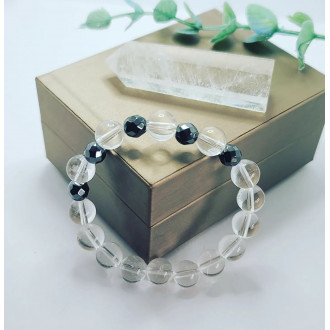 Clear Quartz and Faceted Hematite beaded bracelet 10 mm, 8 mm