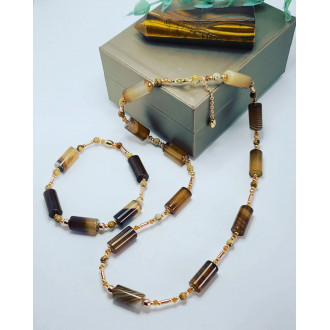 Brown Lace Agate tube, golden Hematite and Czech glass necklace and bracelet set