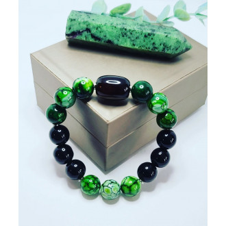 Green Crackle Agate, Black Obsidian and oval Black Agate bracelet 12 mm