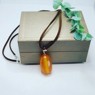 Red Agate oval pendant with a brown PU leather cord