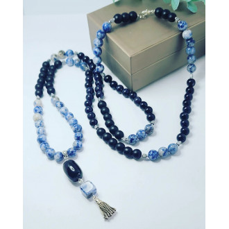 Sodalite, Matte Black Agate and Blue Goldstone Mala 108 Meditation beads necklace 8 mm