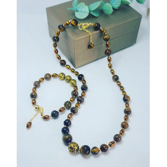 Tiger Eye, Hematite, and Golden Lava Stone necklace and bracelet set