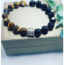 Faceted Tiger Eye, Black Obsidian silver tone charm Unisex bracelet