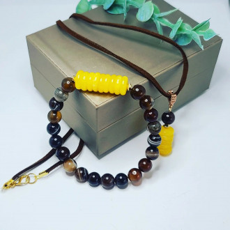 Brown Lace Agate, Yellow Jade bracelet and PU Leather cord pendant set