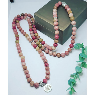Rhodonite Lotus and Buddha charms Mala 108 beads Necklace