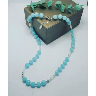 Aquamarine Quartz, Hematite beaded necklace 8 mm