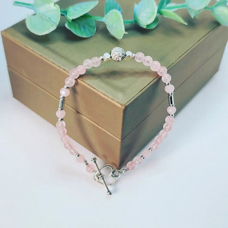 Rose Quartz, Zirconia Stainless steel charm heart clasp bracelet 4 mm