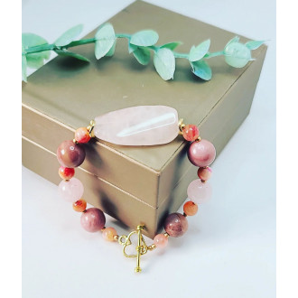 Rose Quartz, Rhodonite, Rainbow Agate Heart clasp bracelet