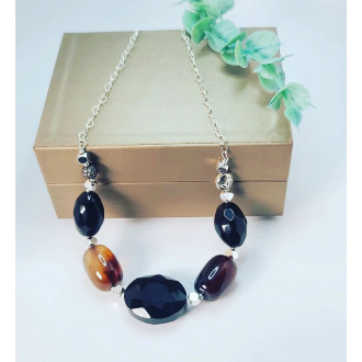Lace Agate, Black Faceted Agate silver tone Stainless steel chain necklace