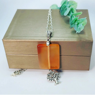 Orange Agate , Tree of Life,  Silver Tone chain Pendant
