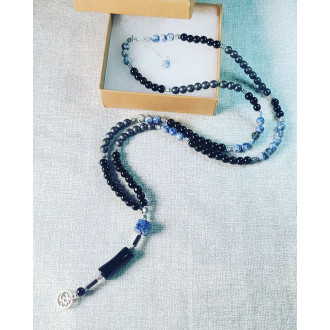 Sodalite, Black Agate, Hematite Om charm Mala 108 Bead necklace 6 mm