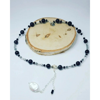 Black Agate, Hematite,  Baroque Pearl charm choker necklace