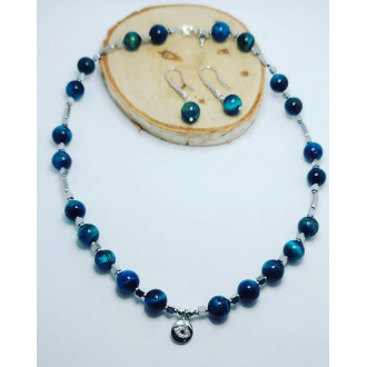 Blue Tiger Eye, Hematite,  Evil Eye Zirconia Stainless steel charm necklace and earrings set