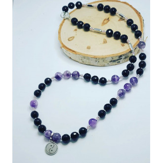 Amethyst, Faceted Black Agate, Yin-yang Stainless steel charm necklace
