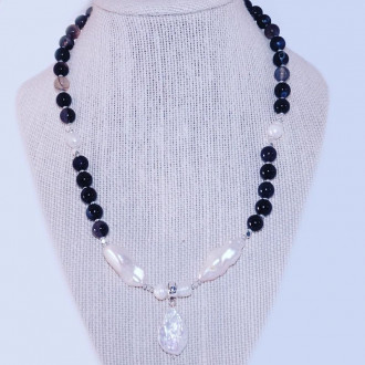Black Lace Agate, Freshwater Pearl,  Baroque Pearl handcrafted necklace 8 mm