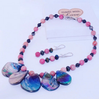 Rhodonite, Nacre Shell, Zirconia Stainless steel clasp Necklace and earrings set