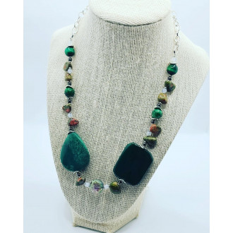 Green Agate, Green Cat Eye, Unakite, Opalite Stainless steel chain necklace