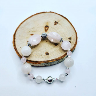 Faceted and beaded Rose Quartz, Zirconia Stainless steel charm magnetic clasp bracelet