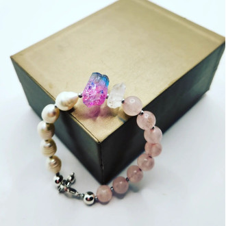 Rose Quartz, Freshwater Pearl, Raw Aura and Clear Quartz clasp bracelet