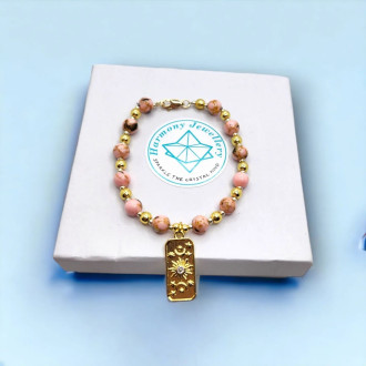 Pink Jasper, Golden Hematite, gold plated sun charm clasp bracelet 6 mm